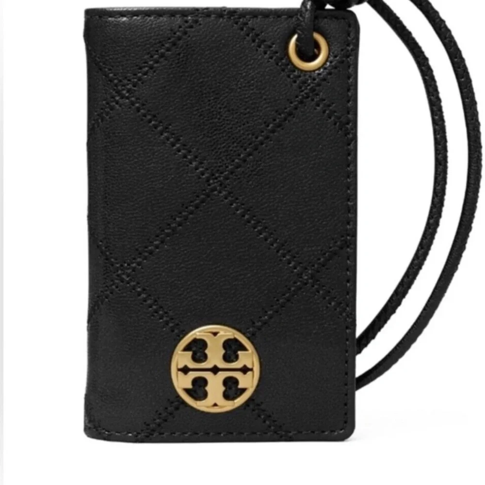Tory Burch Black Quilted Card Holder Lanyard